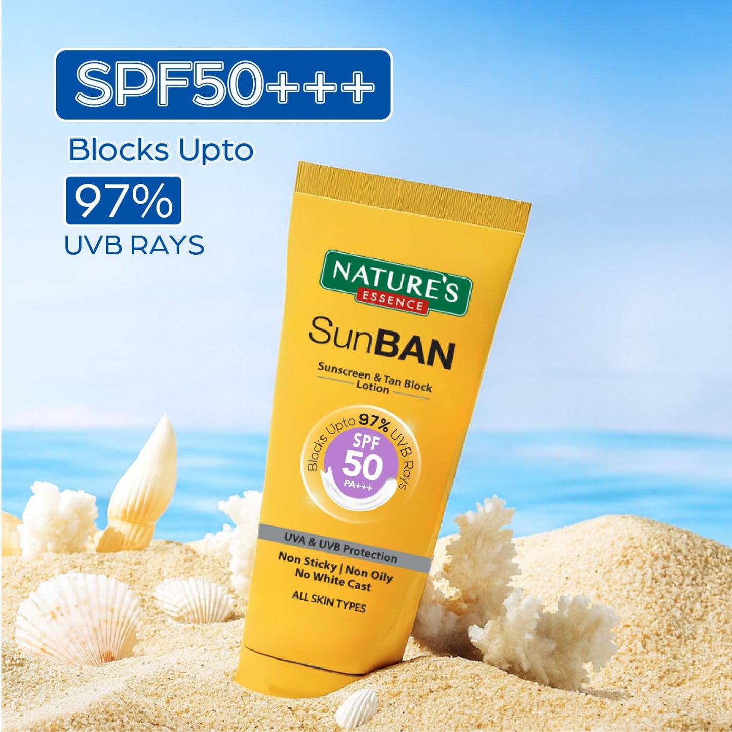 NATURES ESSENCE Sunban Suncreen SPF 50 PA+++ | No White Cast and Broad Spectrum Sun screen | For All Skin Types | Non Greasy | Lightweight | For Men & Women | 30ml